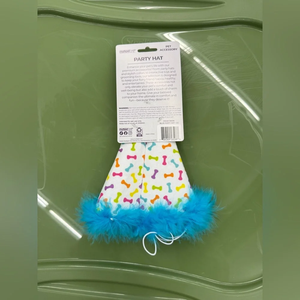 Dog Birthday Hat with Pom Pom in Blue Confetti
